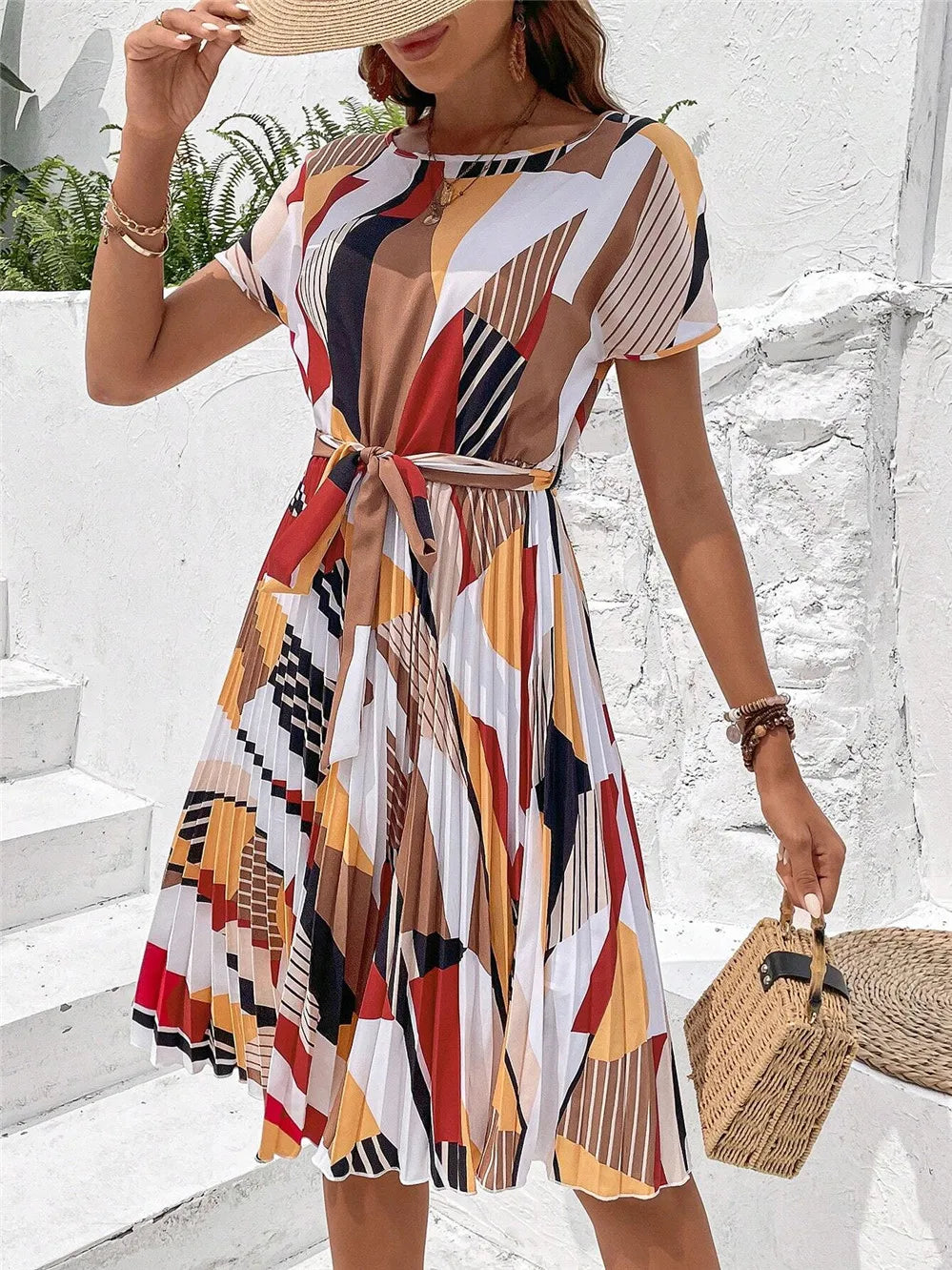 Elegant Print Lace-up Dress Summer Women Round Neck Pleated Medium Long Dress
