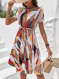 Elegant Print Lace-up Dress Summer Women Round Neck Pleated Medium Long Dress