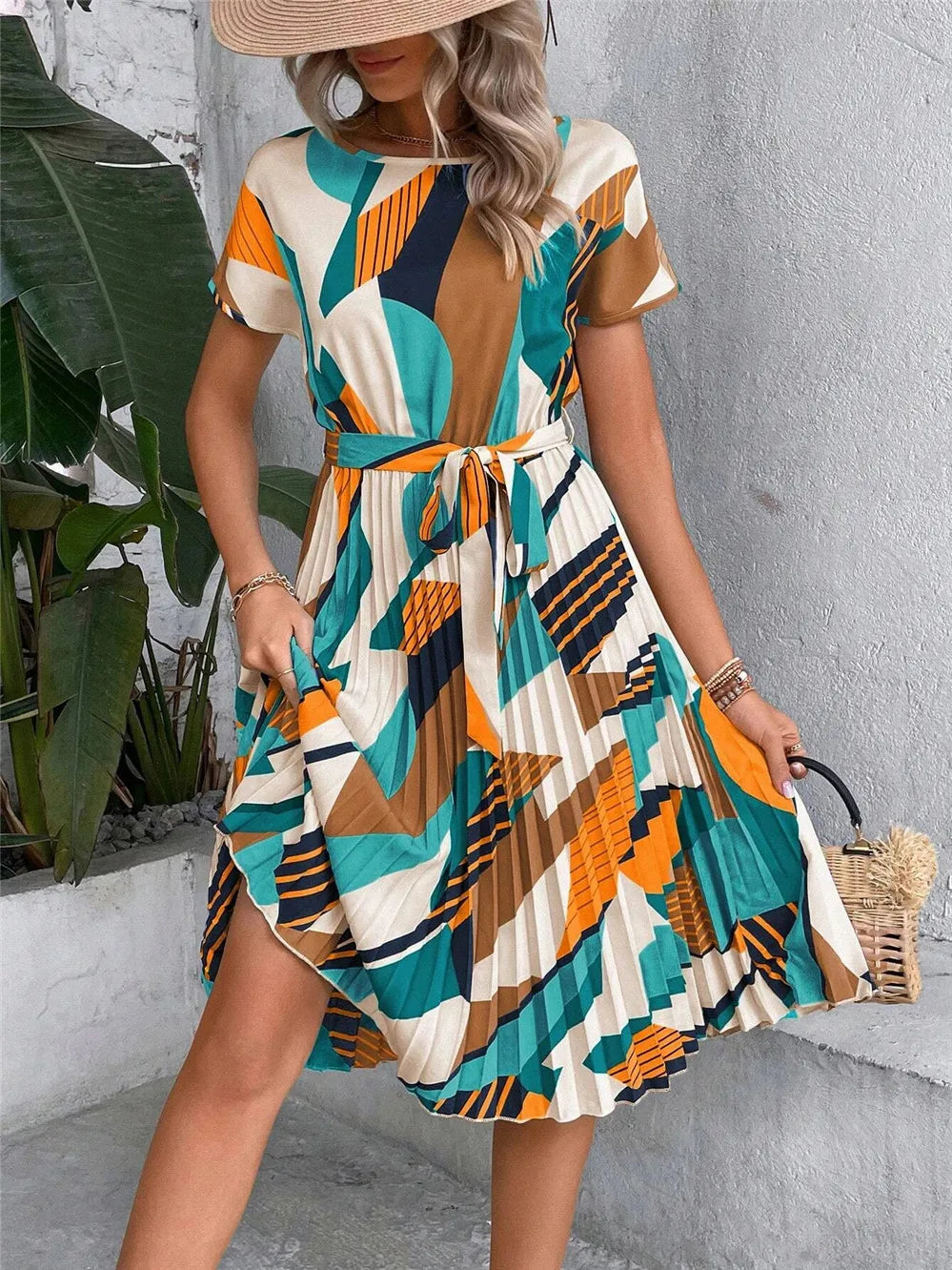 Elegant Print Lace-up Dress Summer Women Round Neck Pleated Medium Long Dress
