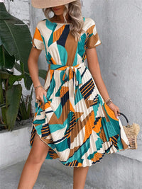 Elegant Print Lace-up Dress Summer Women Round Neck Pleated Medium Long Dress
