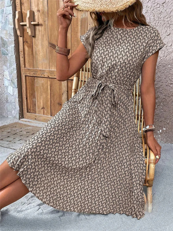 Elegant Print Lace-up Dress Summer Women Round Neck Pleated Medium Long Dress