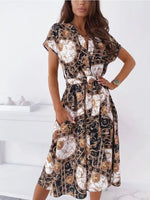 Women's Fashionable Loose Fitting Casual Printed Short Sleeved Shirt with Lapel Dress and Belt