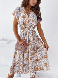 Women's Fashionable Loose Fitting Casual Printed Short Sleeved Shirt with Lapel Dress and Belt