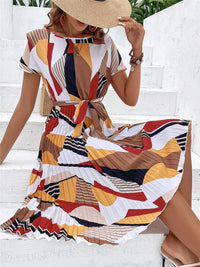 Elegant Print Lace-up Dress Summer Women Round Neck Pleated Medium Long Dress