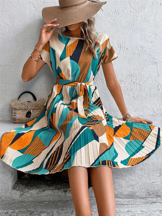 Elegant Print Lace-up Dress Summer Women Round Neck Pleated Medium Long Dress