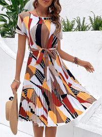 Elegant Print Lace-up Dress Summer Women Round Neck Pleated Medium Long Dress