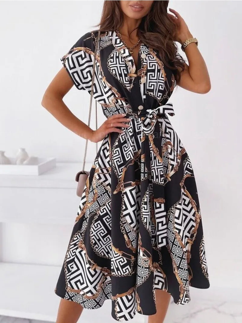 Women's Fashionable Loose Fitting Casual Printed Short Sleeved Shirt with Lapel Dress and Belt