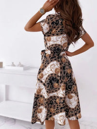 Women's Fashionable Loose Fitting Casual Printed Short Sleeved Shirt with Lapel Dress and Belt