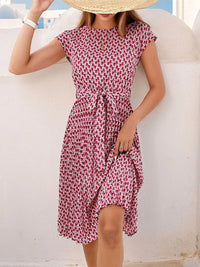 Elegant Print Lace-up Dress Summer Women Round Neck Pleated Medium Long Dress