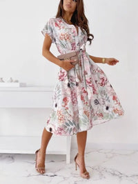 Women's Fashionable Loose Fitting Casual Printed Short Sleeved Shirt with Lapel Dress and Belt
